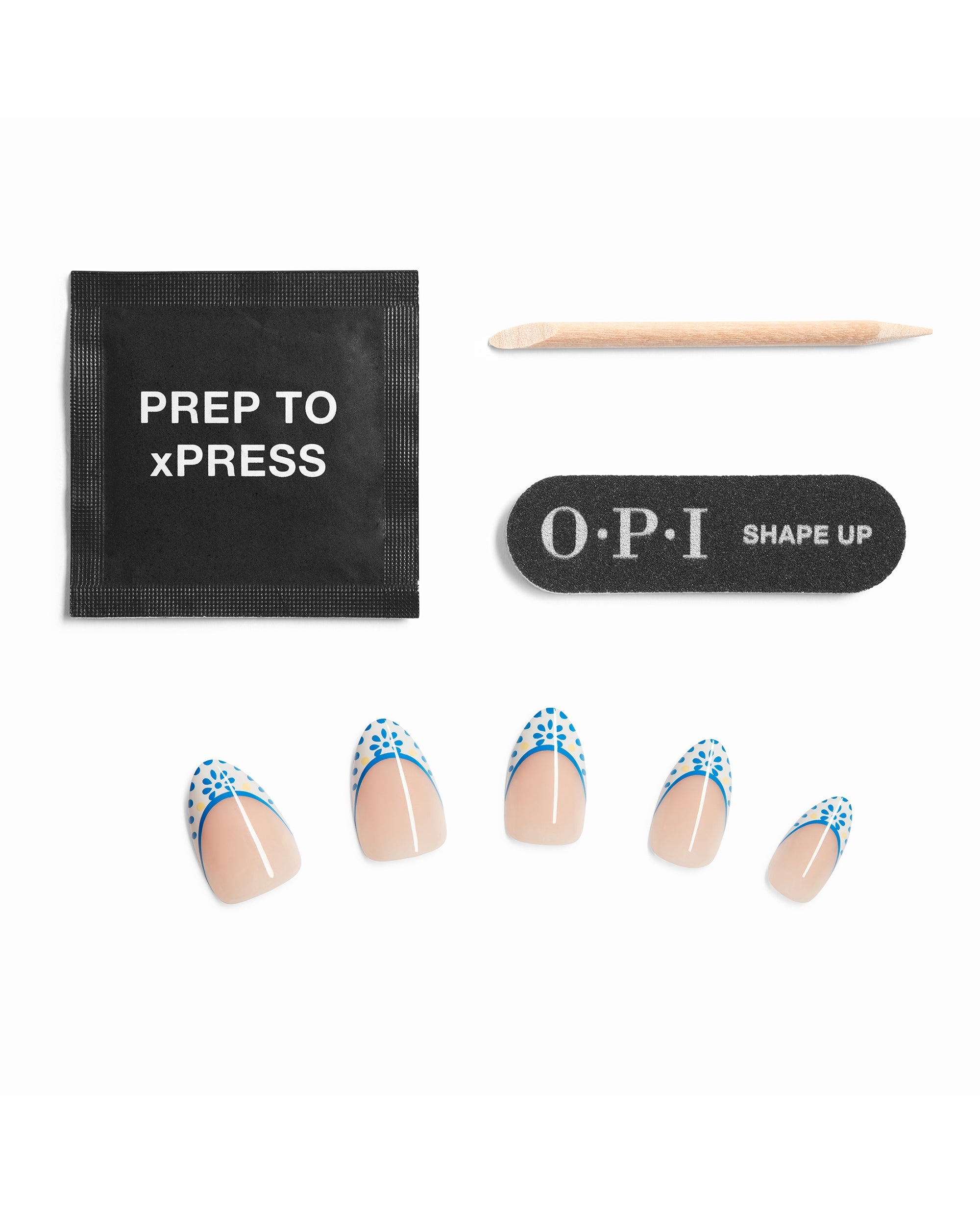 Pressed and Porcelain Blue Ceramic Almond Stick On Nails Contents