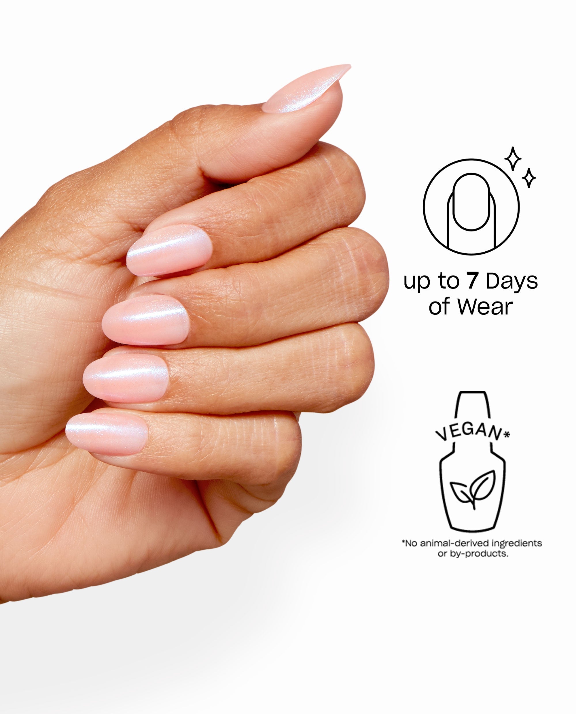 Hand displays OPI Rosy Future Sticking Point nails in a trending sheer rosy pink shimmer, with icons noting up to 7 days of wear and a vegan formula on a clean white background.