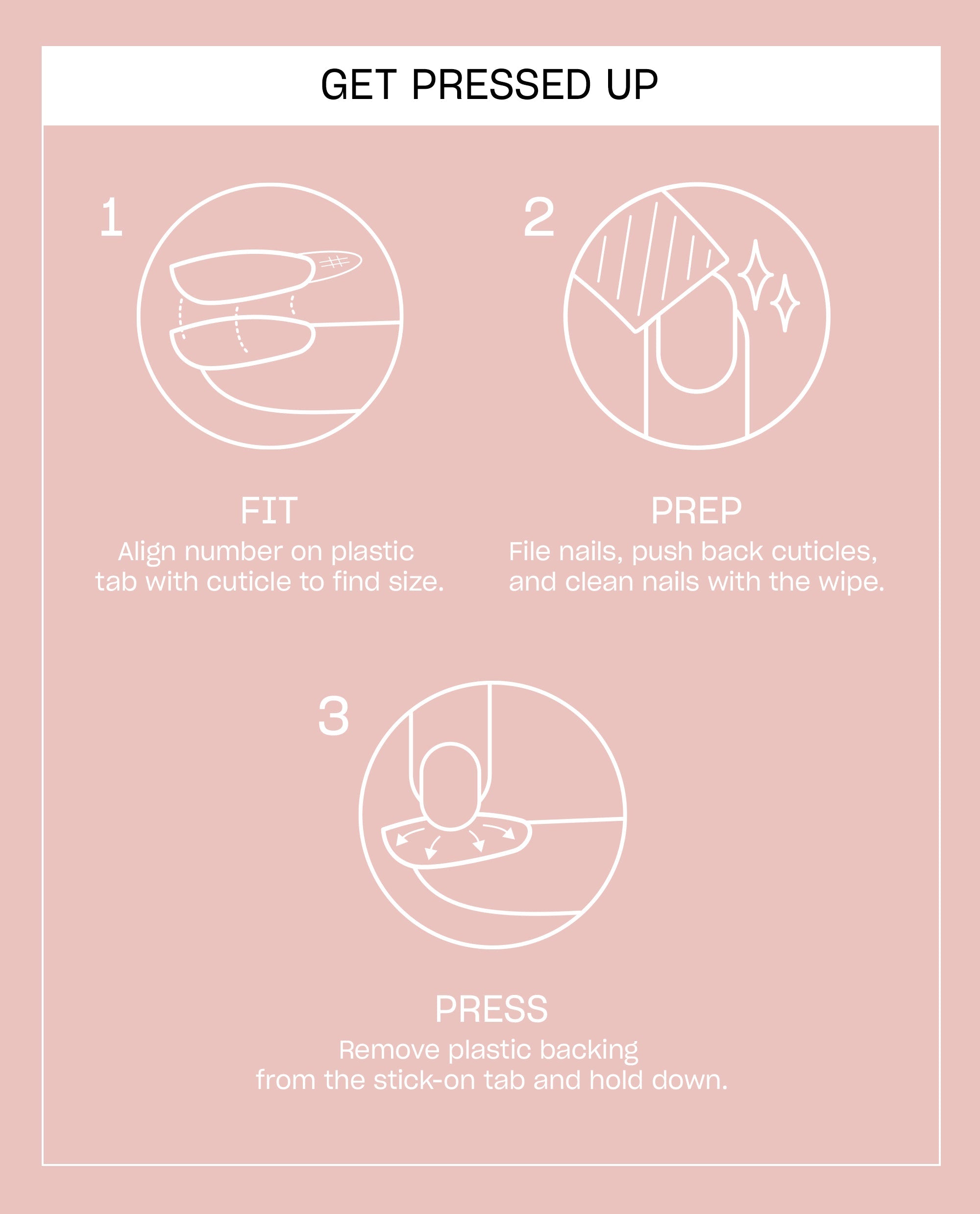 OPI Rosy Future Sticking Point pink instruction card shows trending press-on nail application steps: fit adhesive tabs, prep nails with wipe, remove backing, and press to hold.