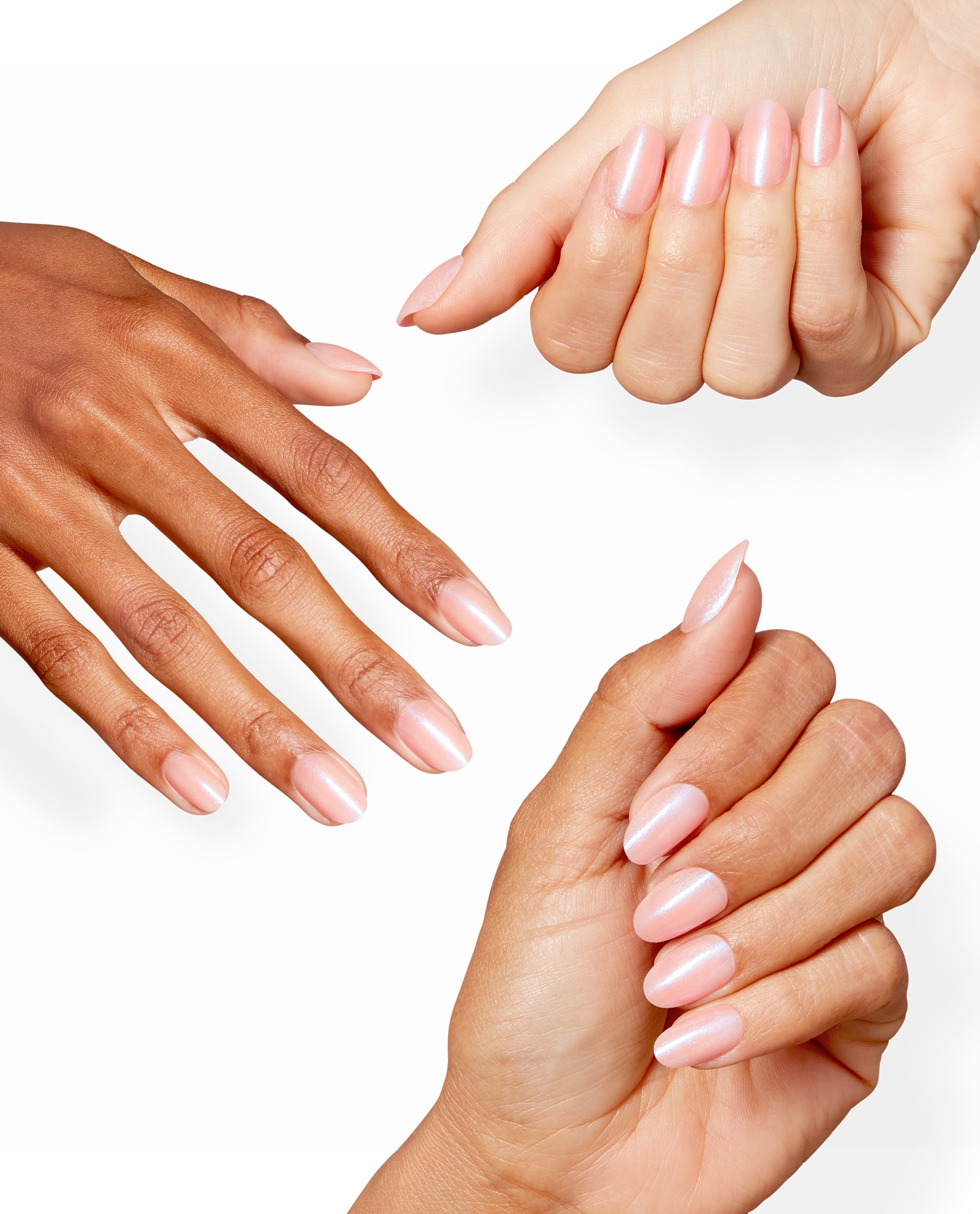 Three hands model OPI Rosy Future Sticking Point nails, a trending pearly pale pink manicure on almond-shaped nails against a clean white background.