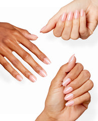 Three hands model OPI Rosy Future Sticking Point nails, a trending pearly pale pink manicure on almond-shaped nails against a clean white background.