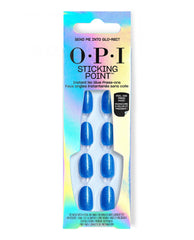 OPI Sticking Point Send Me Into Glo-Rbit press-on nails display sparkling cobalt blue artificial nails in iridescent packaging, with instant no-glue peel-and-press tabs.