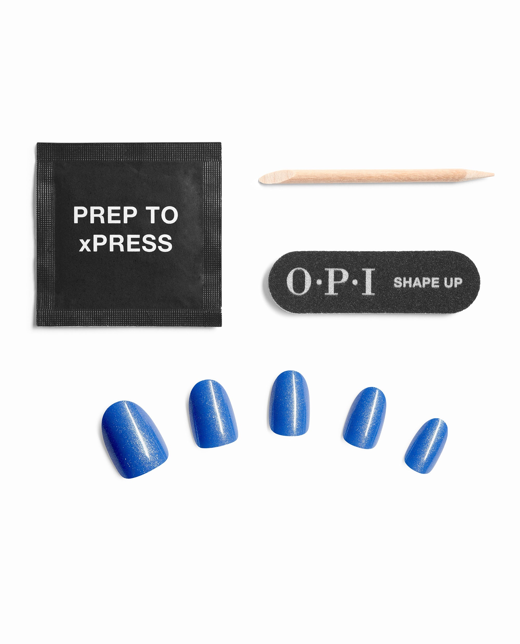 OPI Send Me Into Glo-Rbit Sticking Point press-on nail kit contents with shimmering blue artificial nails, prep pad, wooden cuticle stick, and black OPI Shape Up nail file on a white background.