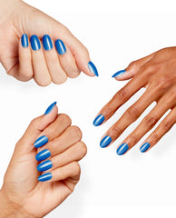 Three hands display OPI Send Me Into Glo-Rbit Sticking Point bright metallic blue shimmer manicures on rounded and almond nails against a clean white background.