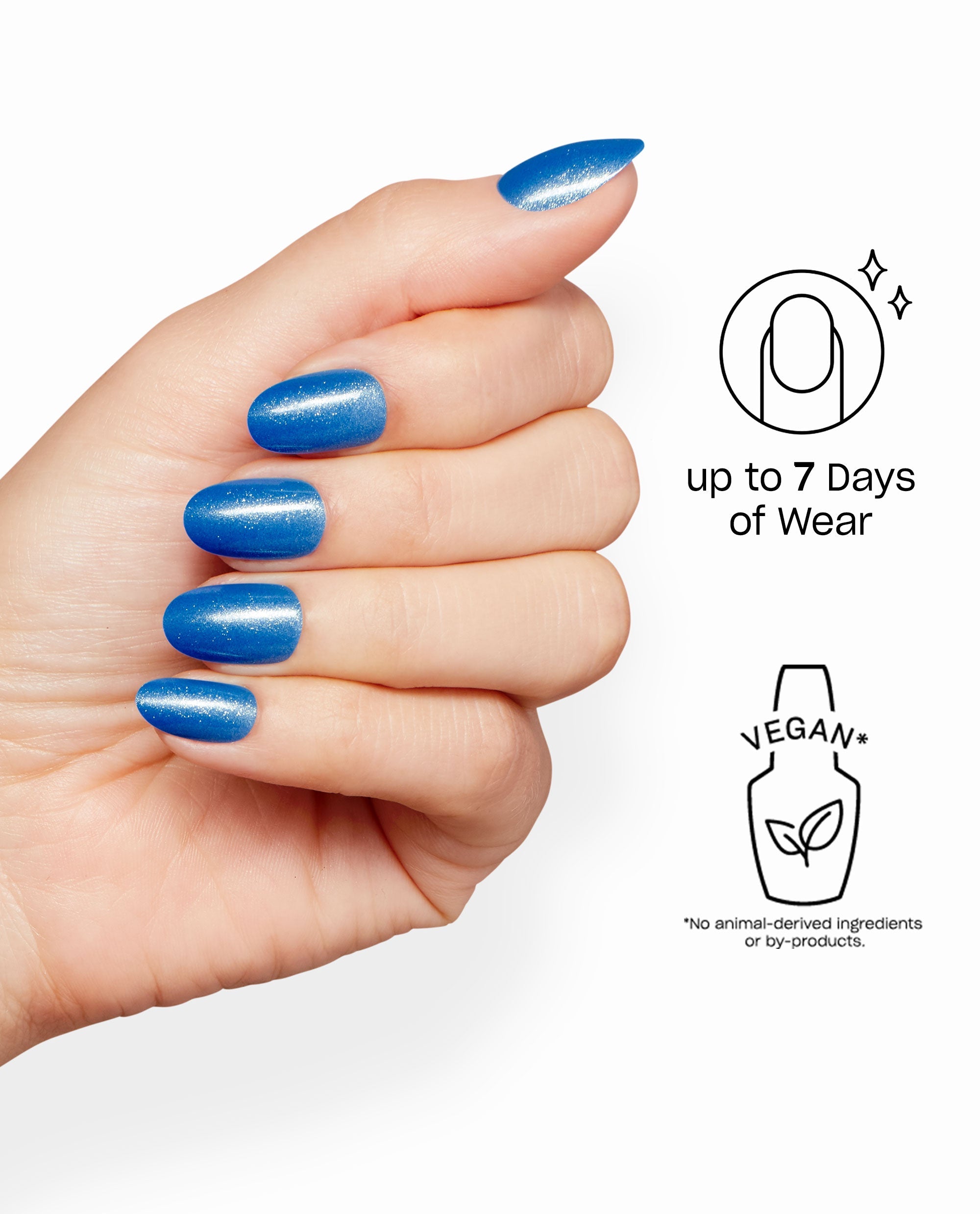 OPI Send Me Into Glo-Rbit Sticking Point blue shimmer nails shown on a hand against a white background, highlighting up to 7 days of wear and a vegan formula.
