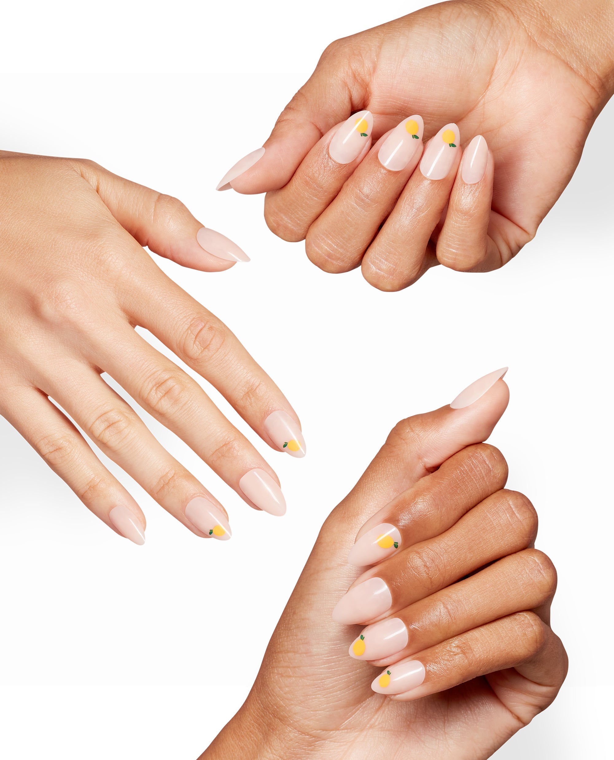 OPI Suzi’s Lemonade Stand Sticking Point yellow lemon nail art accents glossy pale pink almond manicures on diverse hands against a clean white background.