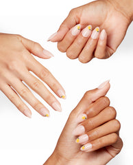 OPI Suzi’s Lemonade Stand Sticking Point yellow lemon nail art accents glossy pale pink almond manicures on diverse hands against a clean white background.
