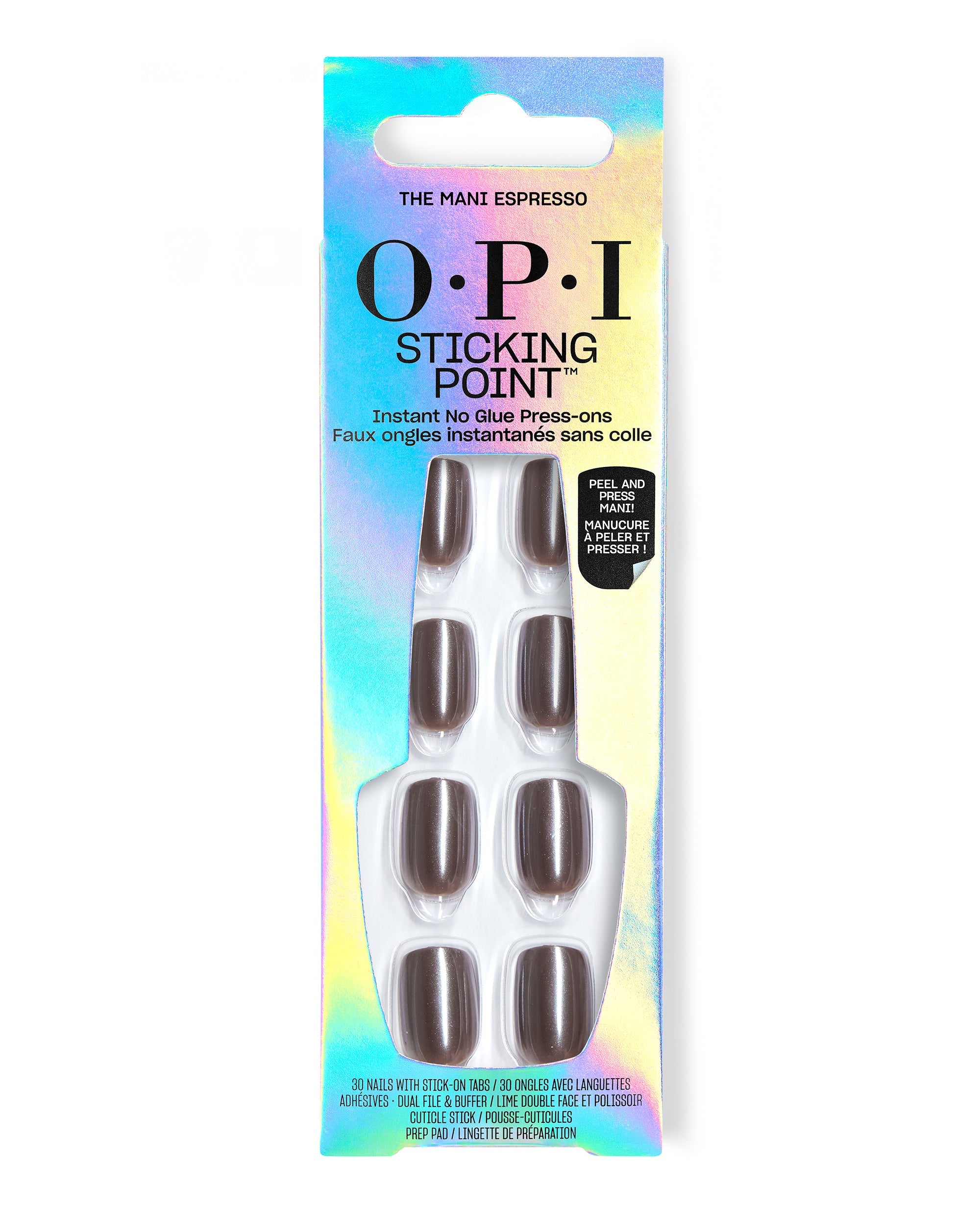 OPI Sticking Point The Mani Espresso no-glue press-on nails in glossy espresso brown displayed in iridescent retail packaging with visible stick-on tabs and manicure tools.