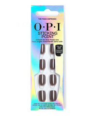 OPI Sticking Point The Mani Espresso no-glue press-on nails in glossy espresso brown displayed in iridescent retail packaging with visible stick-on tabs and manicure tools.