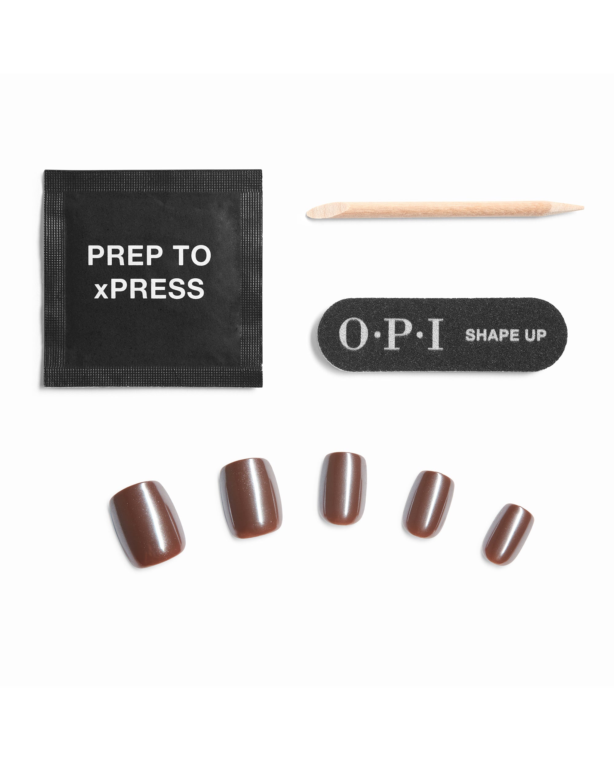 The Mani Espresso OPI Sticking Point press-on nail kit displays glossy espresso-brown artificial nails with a Prep to xPRESS pad, wooden cuticle stick, and OPI Shape Up mini file on a white background.