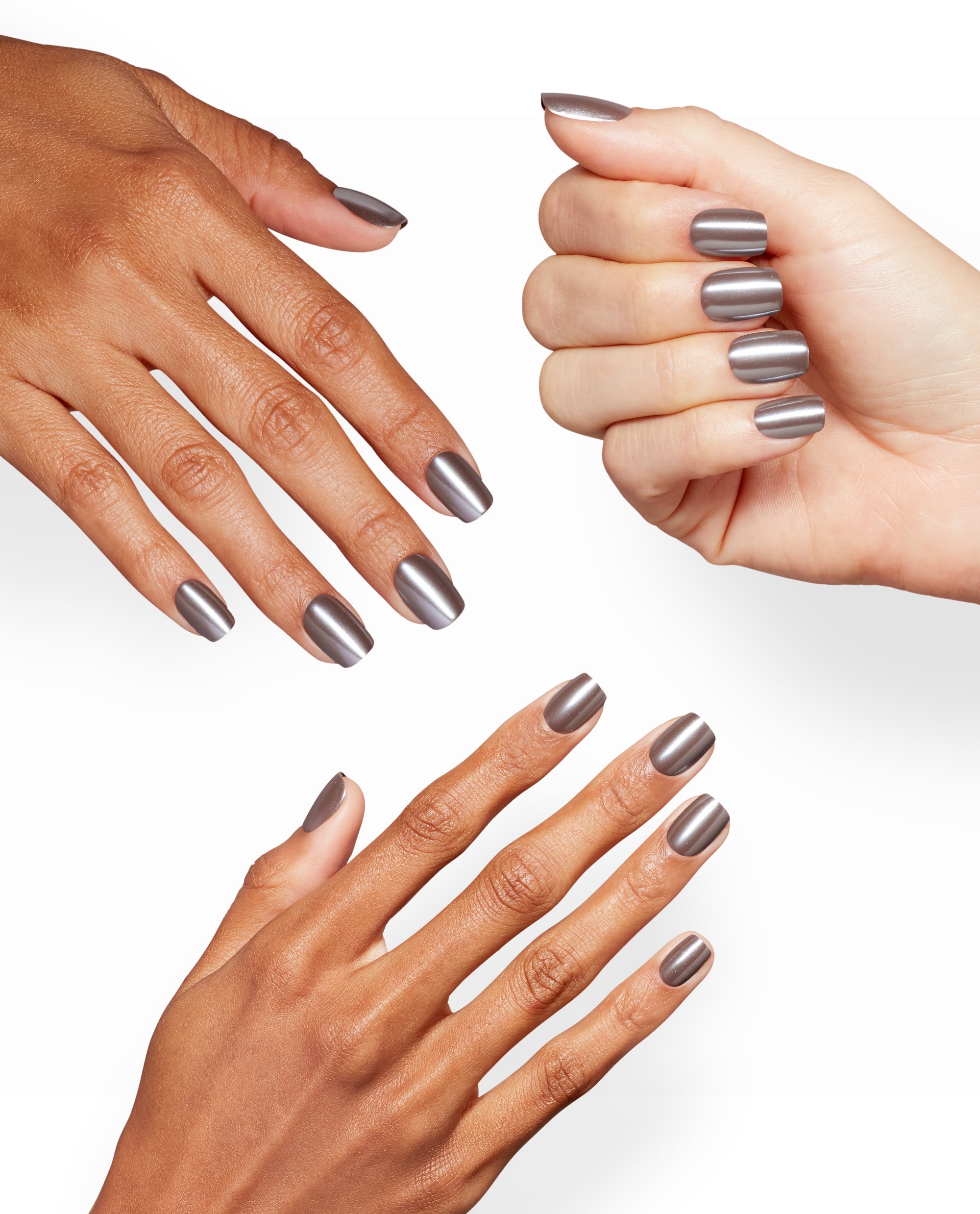 OPI The Mani Espresso Sticking Point nails show a glossy metallic taupe espresso manicure on three hands against a clean white studio background.