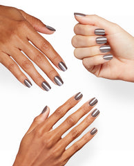 OPI The Mani Espresso Sticking Point nails show a glossy metallic taupe espresso manicure on three hands against a clean white studio background.