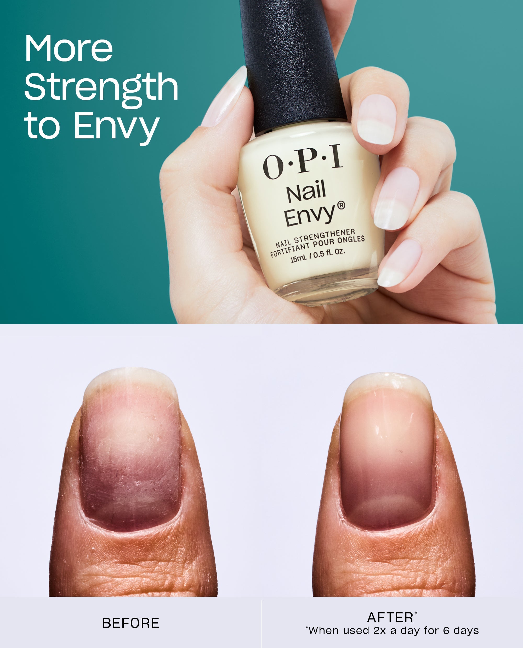 Hand holds a bottle of OPI Nail Envy Nail Strengthener against a teal background above a before-and-after close-up of a damaged nail transforming into a smoother, healthier nail, promoting this OPI nail polish gift set treatment for stronger nails.