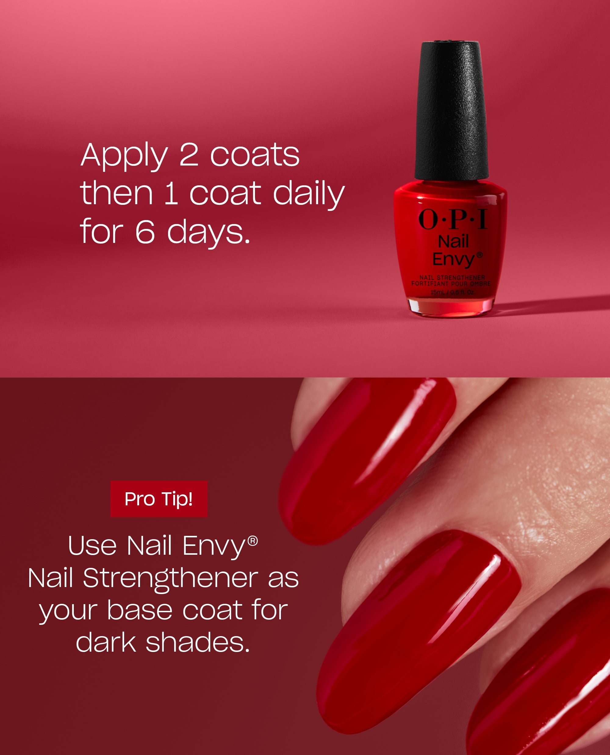 OPI Nail Envy Big Apple Red nail strengthener bottle stands on a red backdrop beside glossy red manicured nails, with application directions and a pro tip for dark fall nail colors.