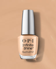 OPI nail polish bottle of A Total Suzi Infinite Shine gel-like lacquer standing upright on a matching beige background, showcasing its creamy nude shade and sleek silver cap for a modern, long-wear manicure look.