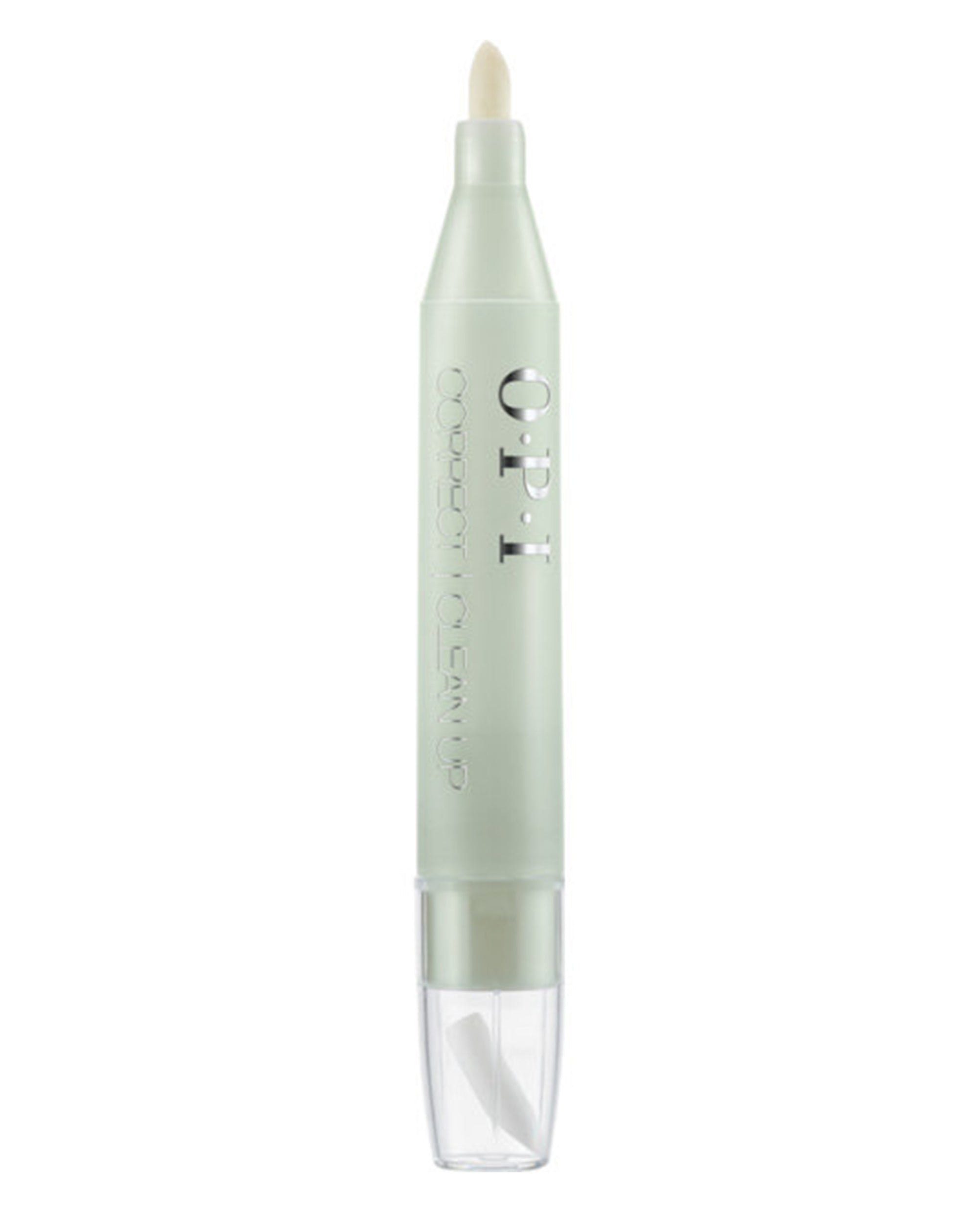 OPI Correct & Clean Up Corrector Pen standing upright with its felt tip exposed and extra replacement tips in a clear cap, shown on a white background as a precise nail polish remover ideal for perfecting an OPI nail polish gift set manicure.