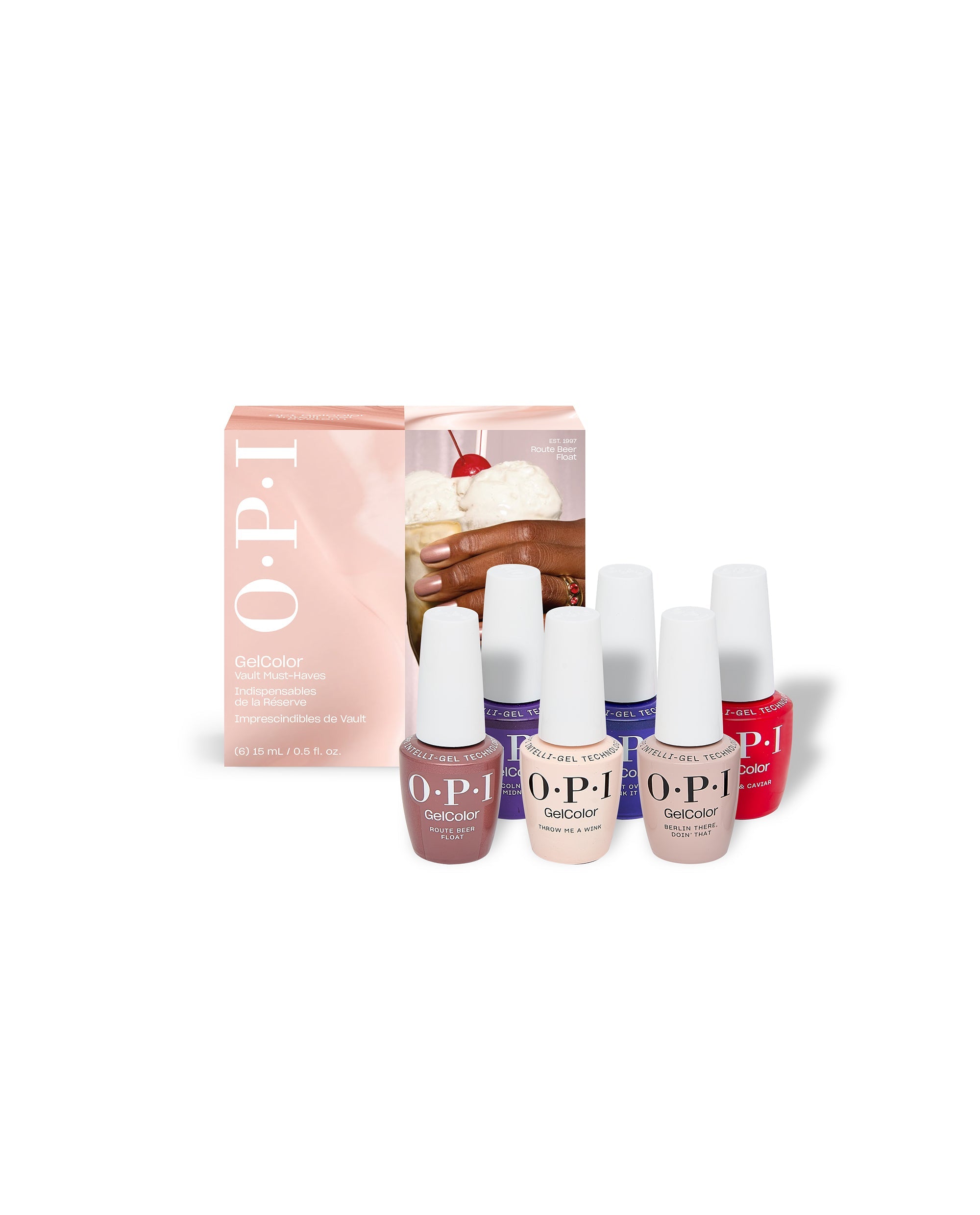 OPI Fall '26 GelColor 6PC Add-On Kit #2 displays six gel polish bottles in mauve, nude, purple, blue, and red shades beside a pink Vault Must-Haves box for fall nail colors.