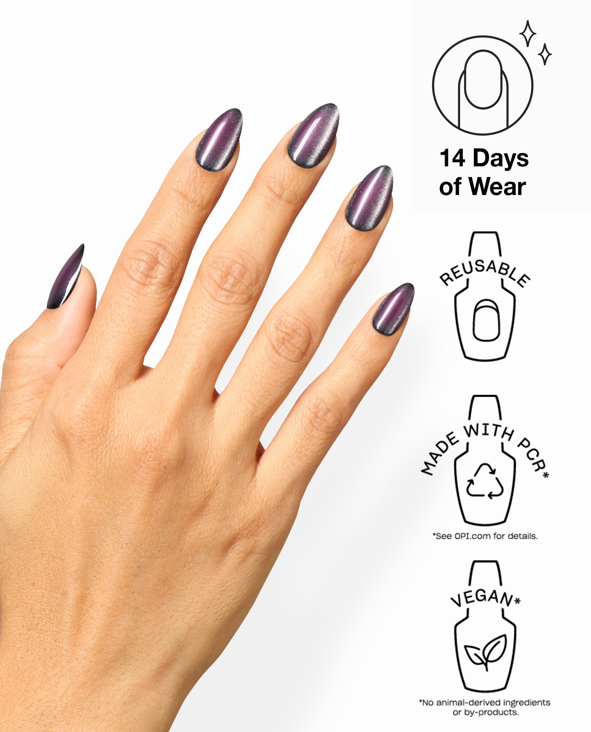 Hand wears OPI xPRESS/ON Aura After Dark press-on nails in a shimmering deep purple cat-eye finish, highlighting fall nail colors with 14 days of wear, reusable tips, PCR-made packaging, and vegan formula icons.