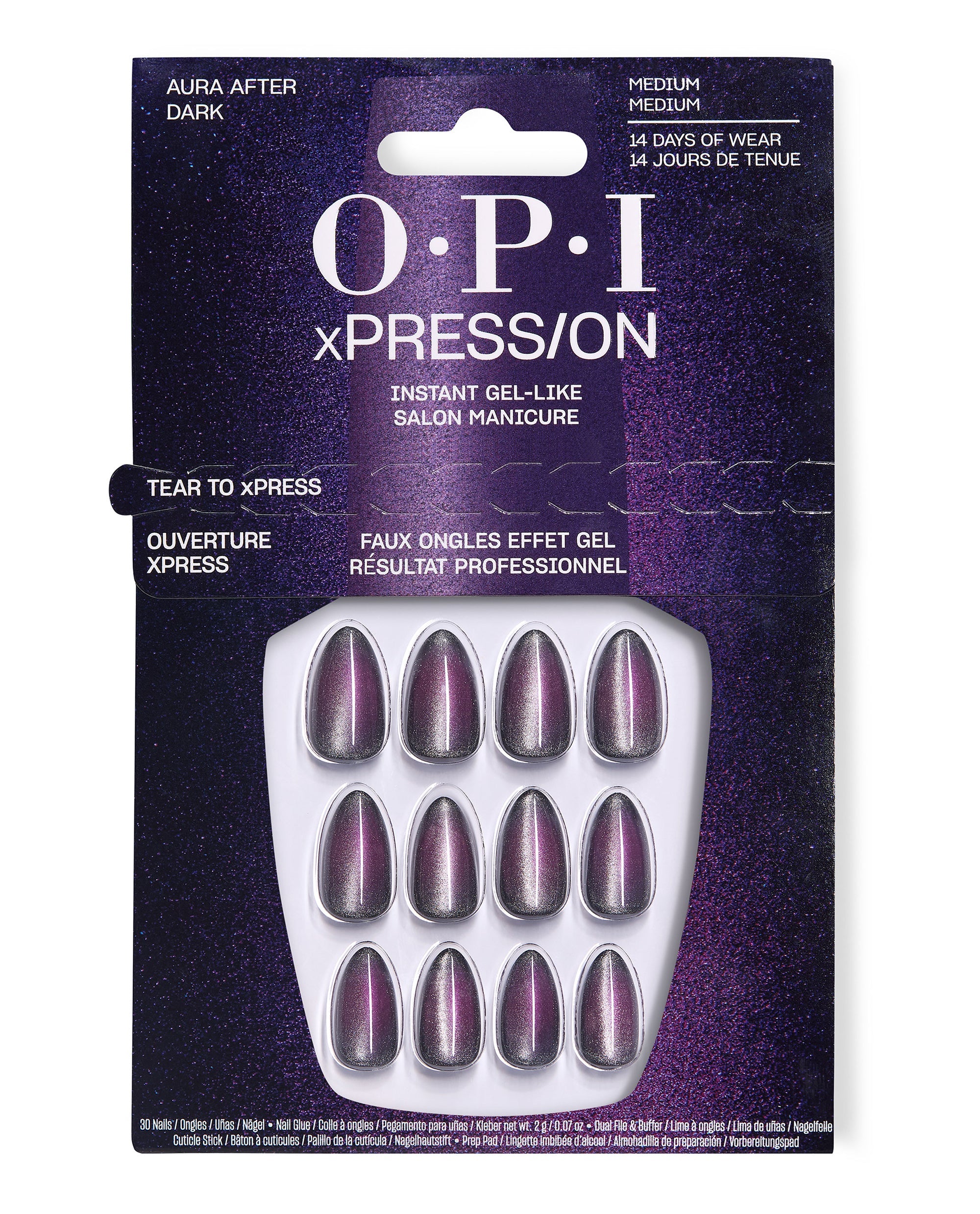 OPI xPRESS/ON Aura After Dark press-on nails show shimmery purple-gray gel-like medium tips in a boxed kit, a dramatic choice for fall nail colors with up to 14 days of wear.