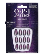 OPI xPRESS/ON Aura After Dark press-on nails show shimmery purple-gray gel-like medium tips in a boxed kit, a dramatic choice for fall nail colors with up to 14 days of wear.