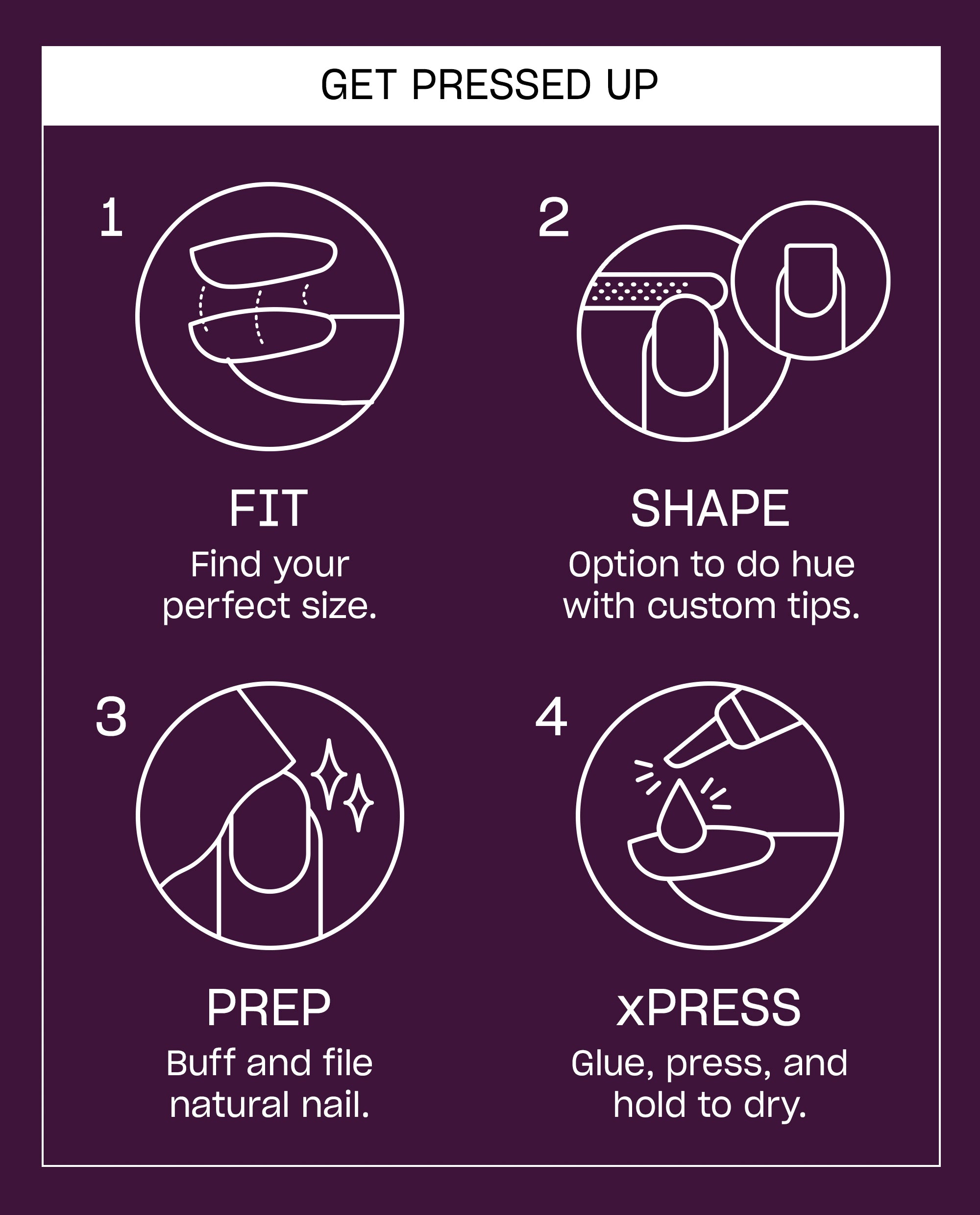 OPI Aura After Dark xPRESS/ON instructions show four steps to fit, shape, prep, and glue press-on nails on a plum background, highlighting fall nail colors.