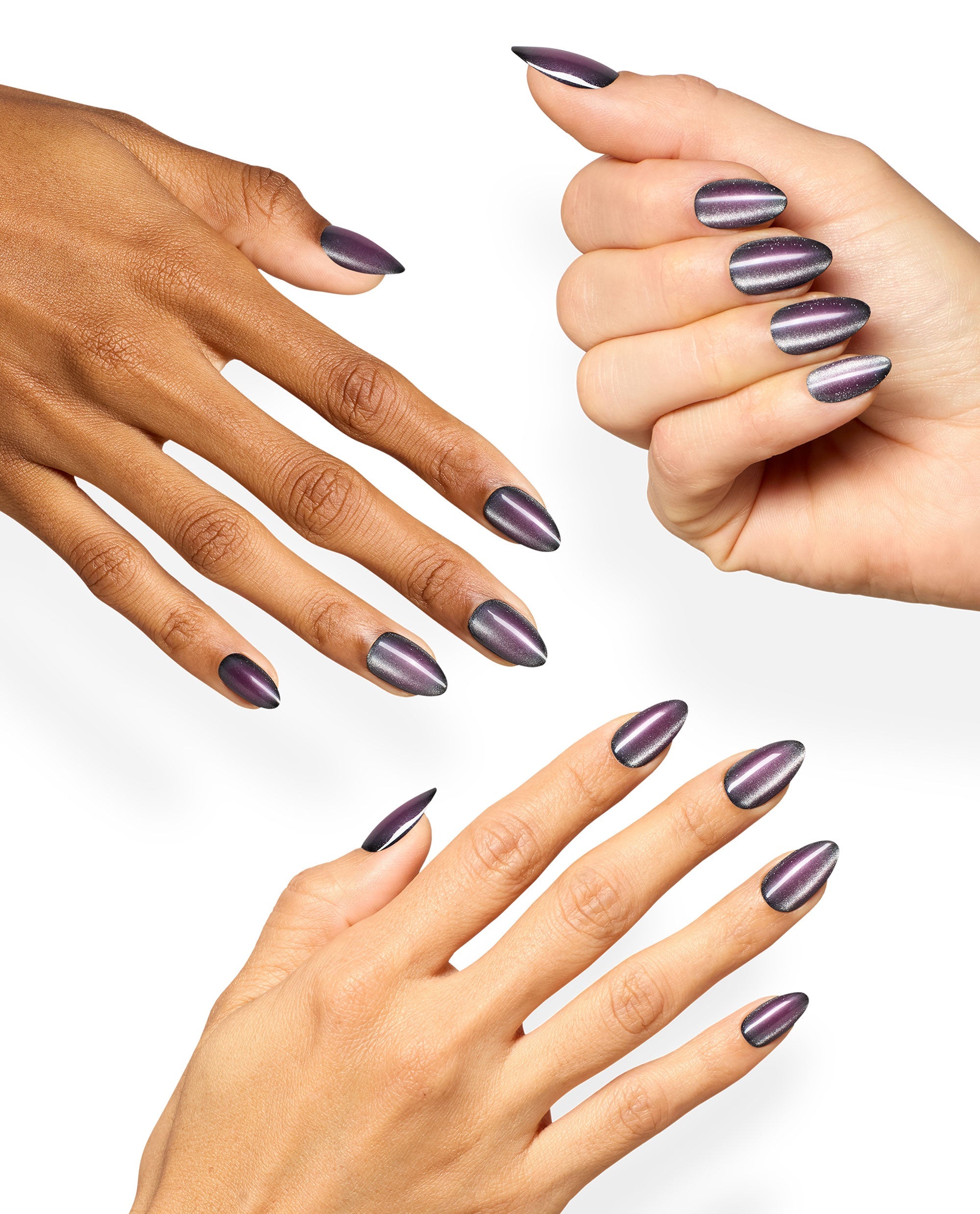 Hands model OPI Aura After Dark xPRESS/ON almond press-on nails in a dark purple magnetic shimmer finish, showcasing dramatic fall nail colors on a clean white background.