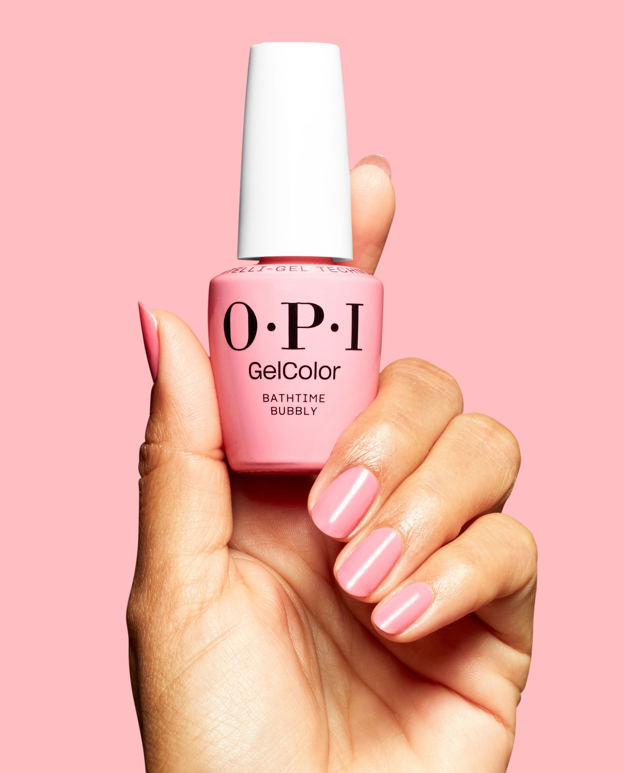 Bathtime Bubbly Pink Gel Nail Polish Hand and Product