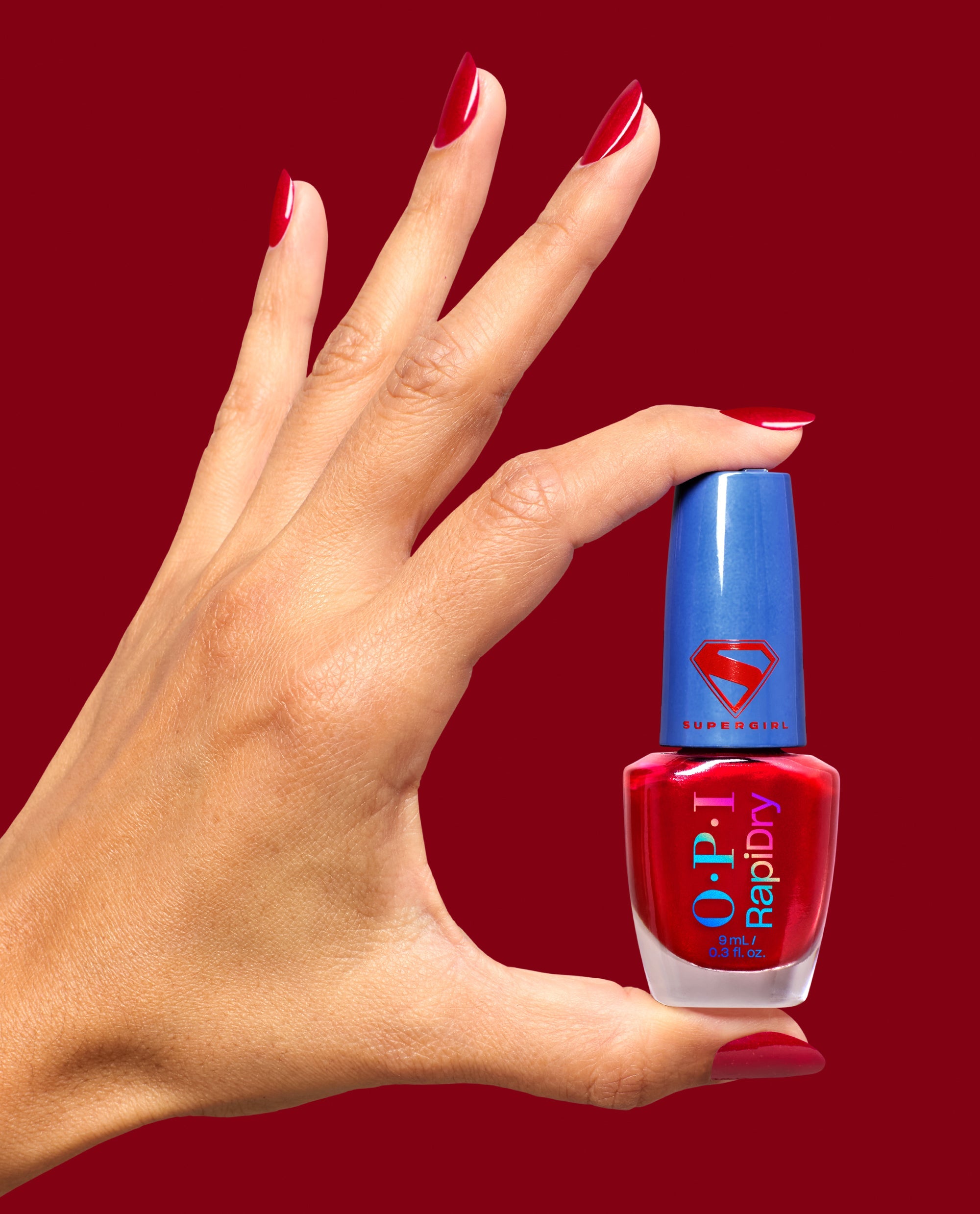 Battle Red-y Red Shimmer Quick-Dry Nail Polish Hand and Bottle