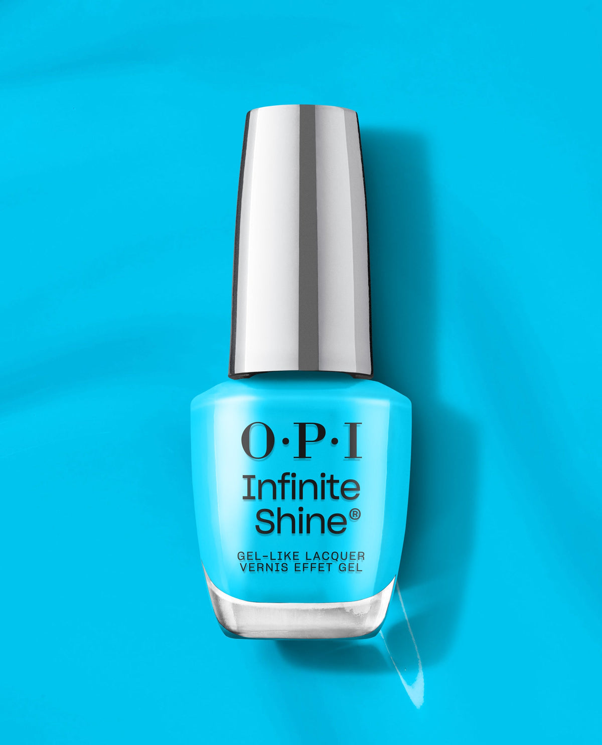 OPI Infinite Shine Beach Party Teal Dawn turquoise gel-like lacquer bottle with a silver cap stands on a bright teal background with a glossy polish swipe.
