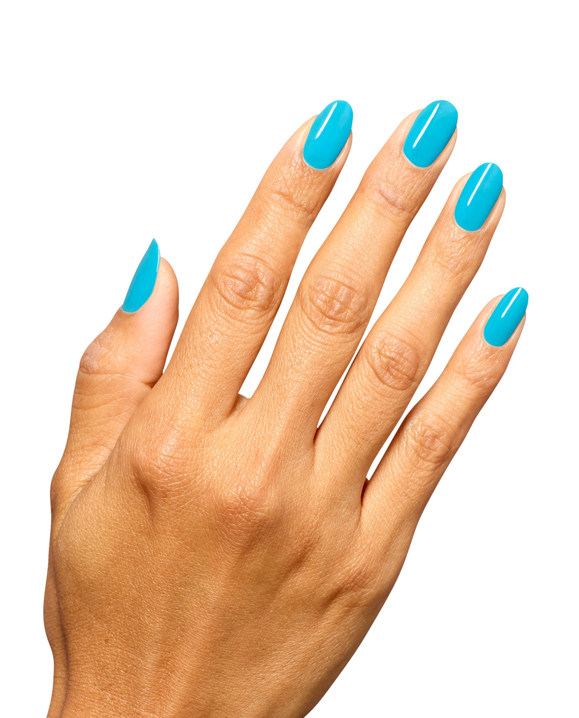 Hand displays glossy turquoise almond-shaped nails painted with OPI Infinite Shine Beach Party Teal Dawn nail polish on a clean white background.