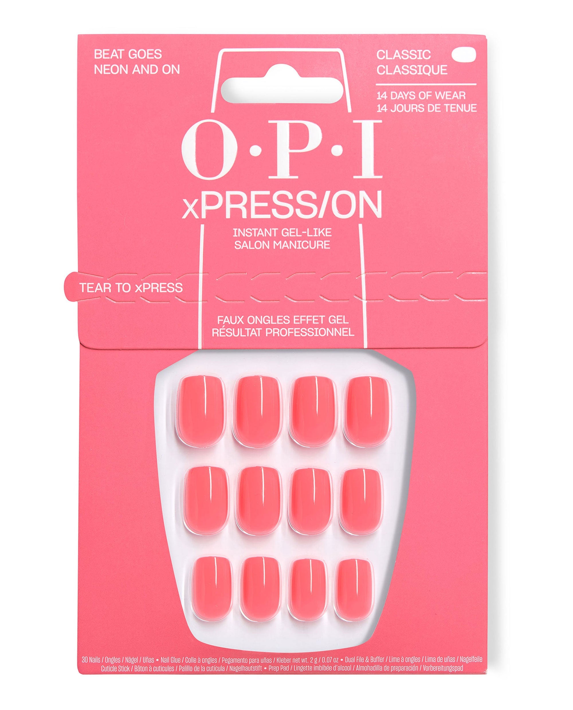 OPI xPRESS/ON Beat Goes Neon and On press-on nails display glossy neon coral-pink classic gel-effect nails in bright pink packaging, a trending 14-day salon manicure set.
