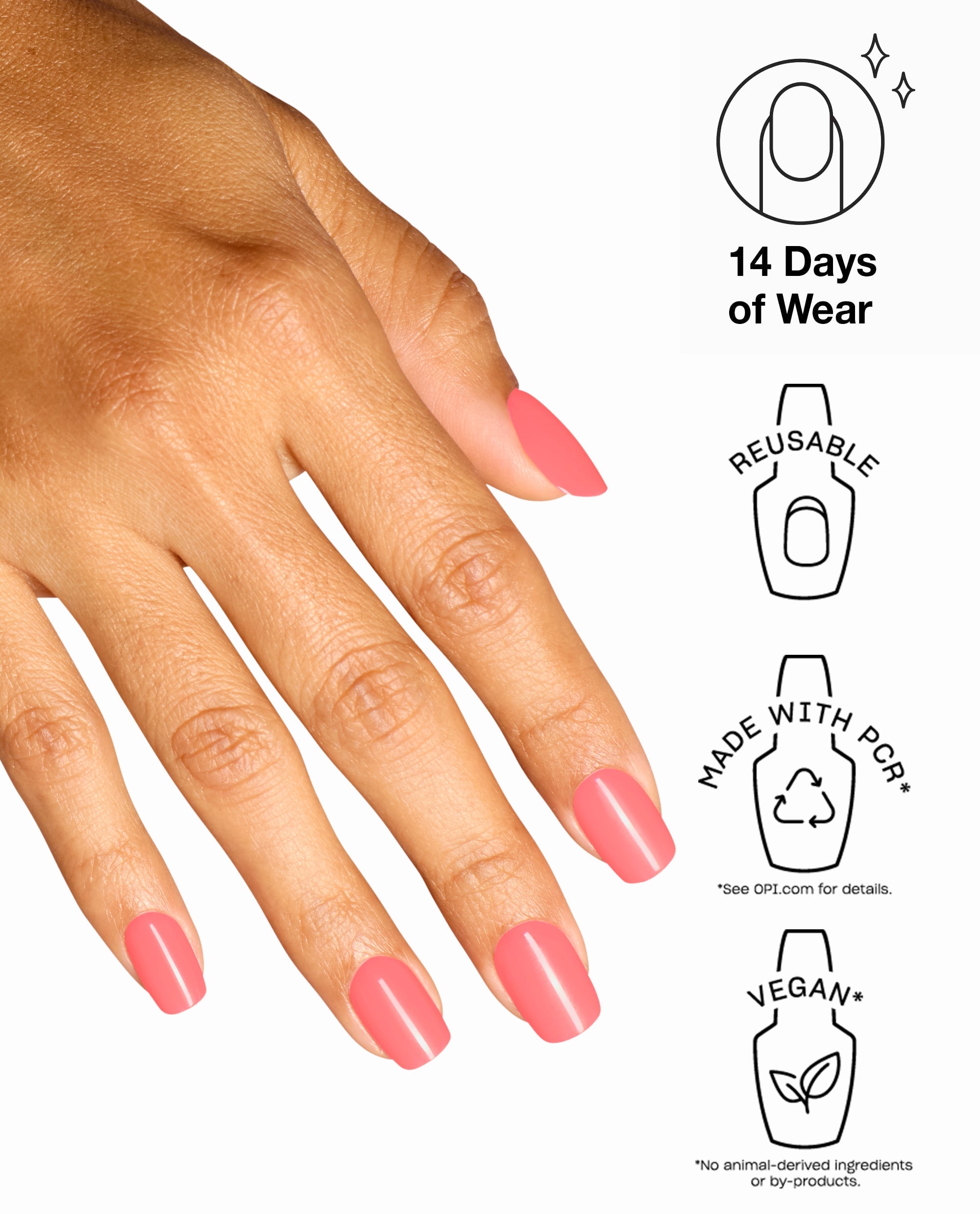 OPI Beat Goes Neon and On xPRESS/ON nails shown on a hand in trending glossy coral-pink, with icons highlighting 14 days of wear, reusable design, PCR materials, and vegan formula.
