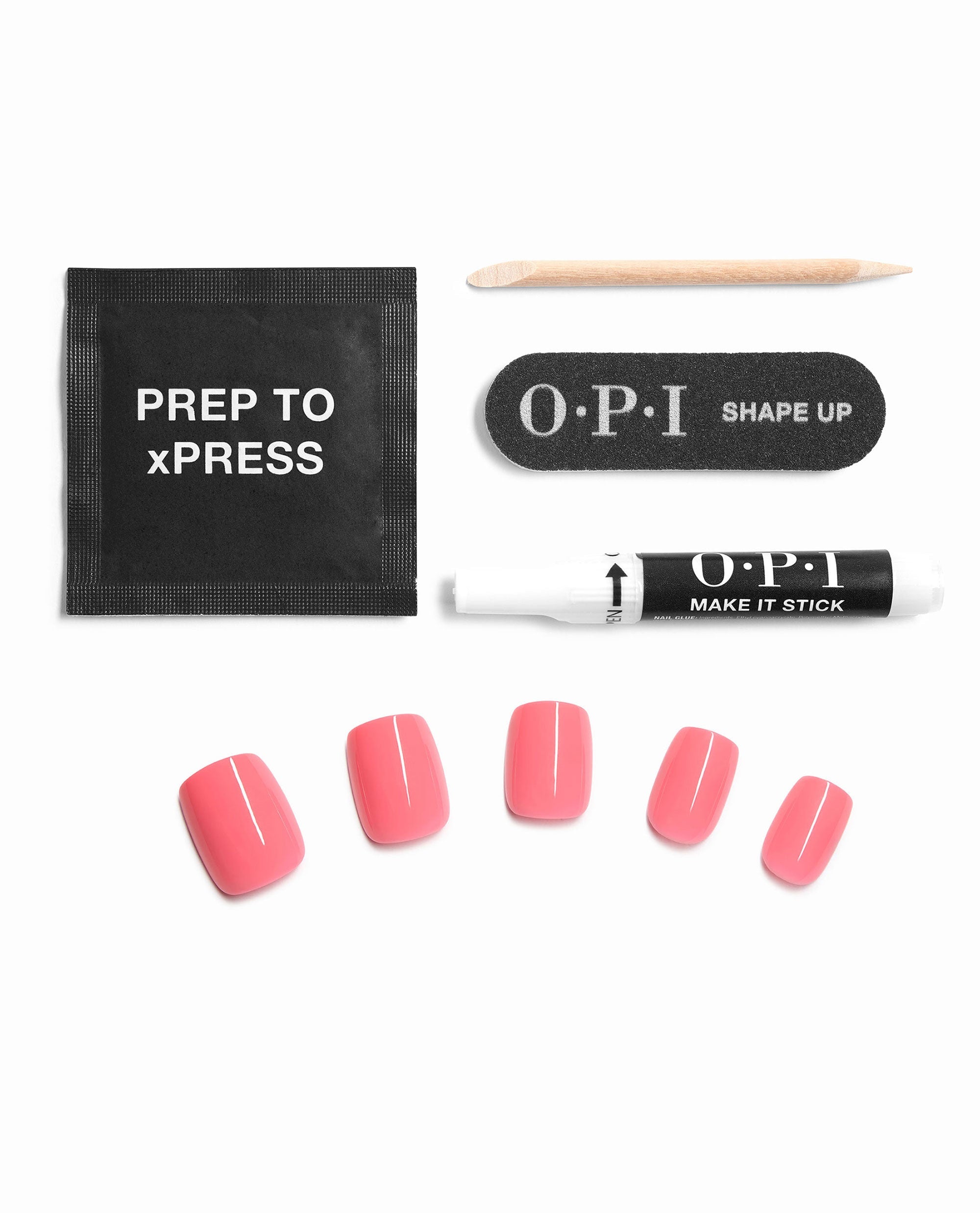 OPI Beat Goes Neon and On xPRESS/ON kit displays trending glossy neon pink press-on nails with nail glue, prep pad, file, and cuticle stick on a white background.