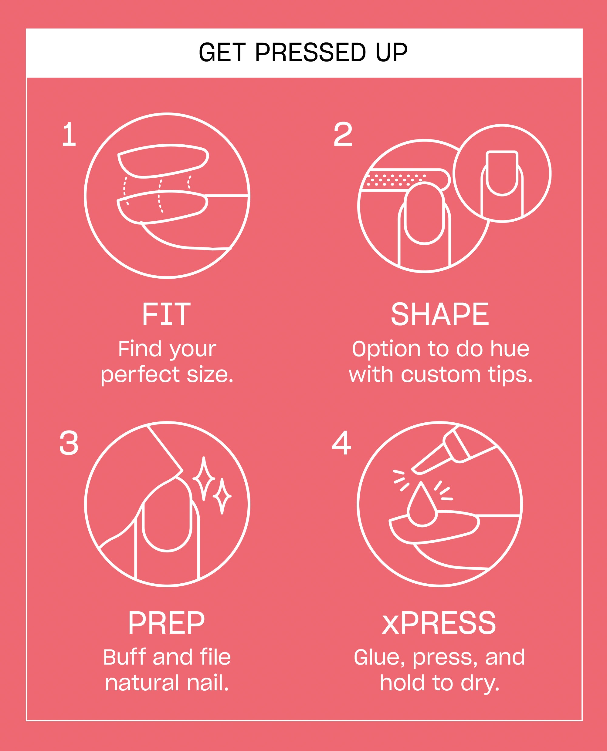 OPI Beat Goes Neon and On xPRESS/ON press-on nail instructions show four steps on a coral background: fit tips, shape custom tips, prep natural nails, then glue, press, and hold to dry.