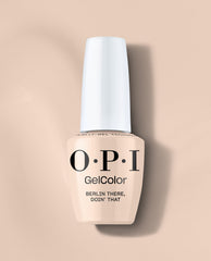 OPI GelColor Berlin There, Doin' That gel nail polish bottle in a soft beige taupe shade with a white cap on a neutral background, ideal for fall nail colors.