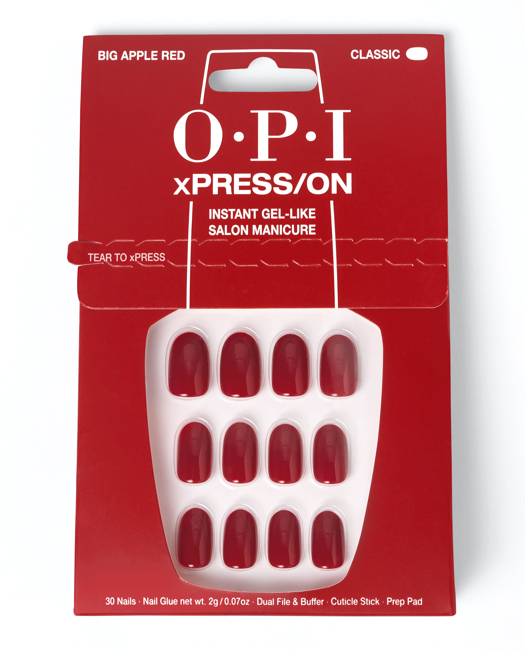 OPI xPRESS/ON Big Apple Red press-on nails in classic glossy red, displayed in red packaging for an instant gel-like salon manicure with nail glue and prep tools.