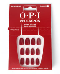 OPI xPRESS/ON Big Apple Red press-on nails in classic glossy red, displayed in red packaging for an instant gel-like salon manicure with nail glue and prep tools.