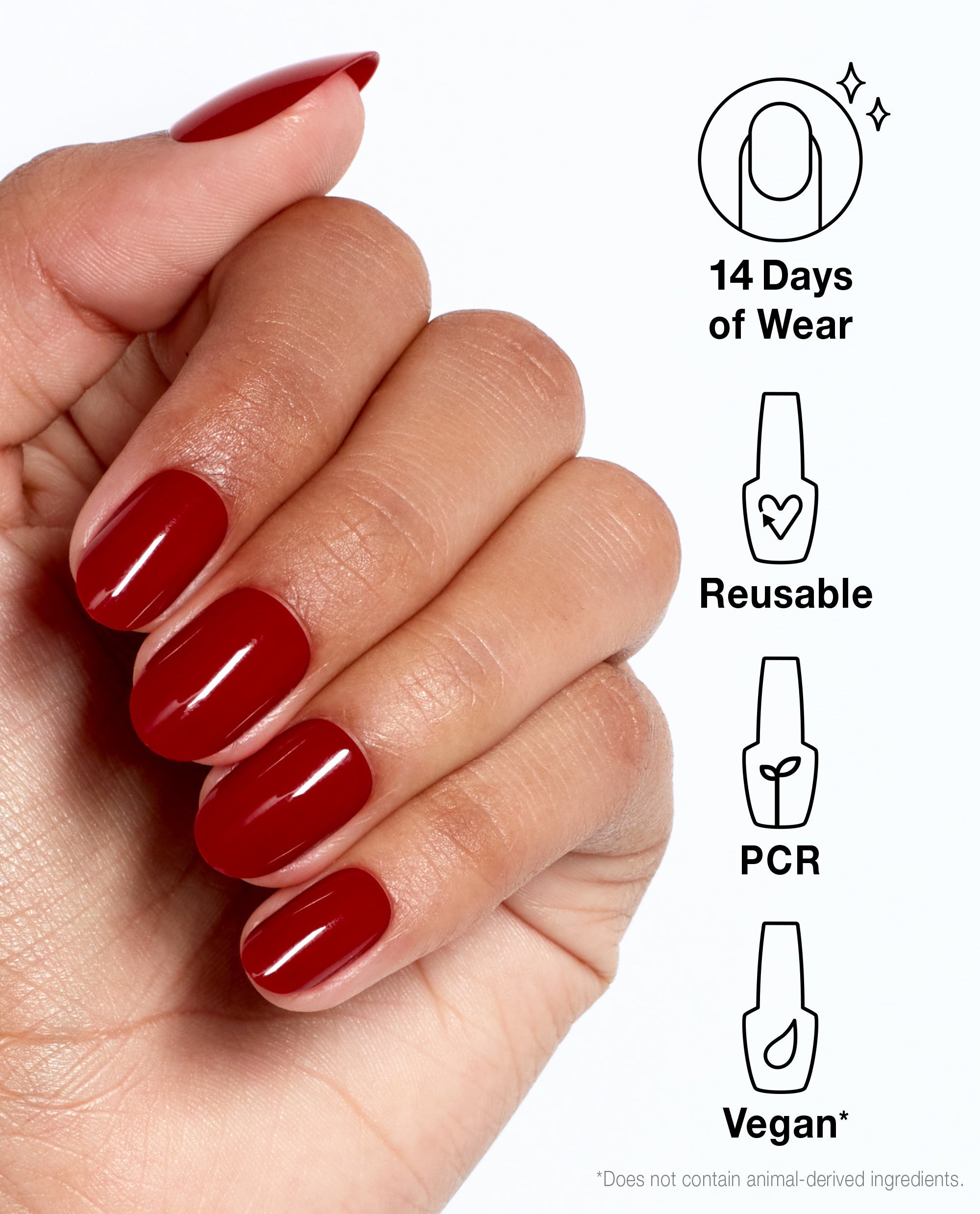 OPI xPRESS/ON Big Apple Red press-on nails shown on a hand with glossy oval red tips, alongside icons highlighting 14 days of wear, reusable design, PCR material, and vegan formula.