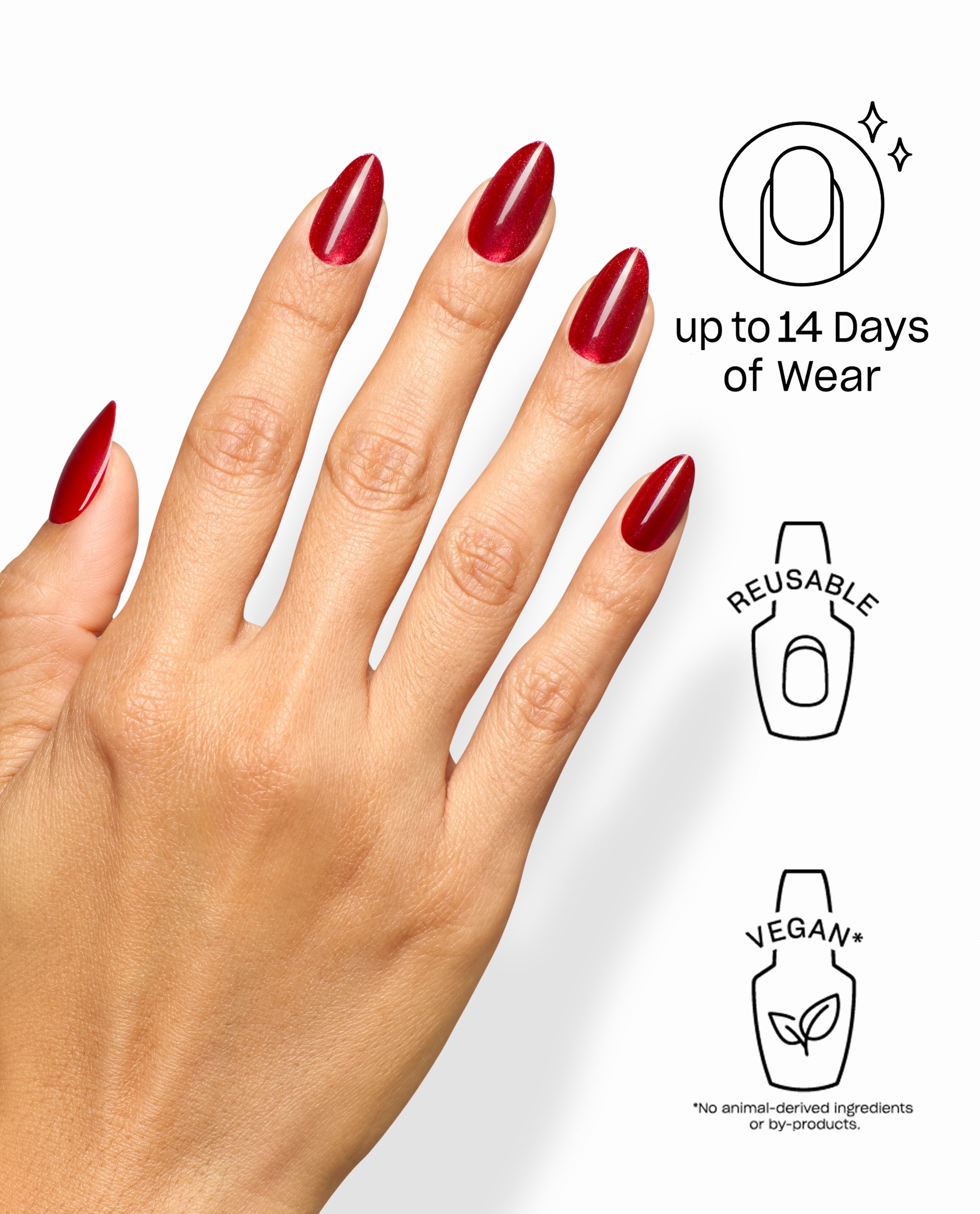 Hand wearing OPI Big Apple Chrome On Point artificial nails in glossy red shimmer, showcasing reusable vegan press-ons with up to 14 days of wear for bold fall nail colors.