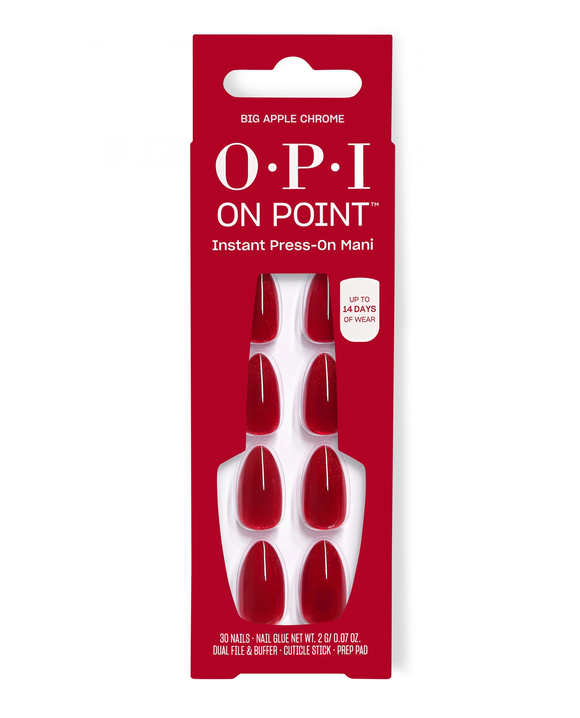 OPI Big Apple Chrome On Point press-on nails display glossy red chrome artificial nails in red retail packaging, a bold choice for fall nail colors with up to 14 days of wear.