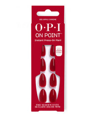 OPI Big Apple Chrome On Point press-on nails display glossy red chrome artificial nails in red retail packaging, a bold choice for fall nail colors with up to 14 days of wear.