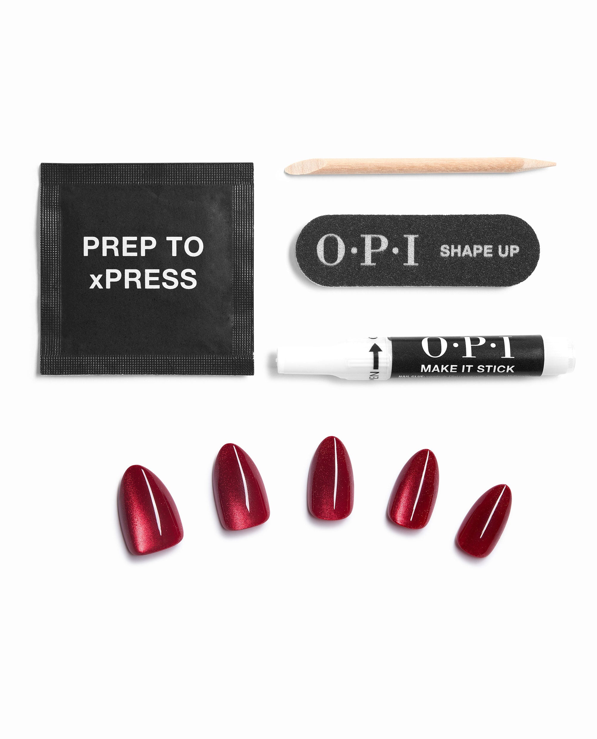 OPI Big Apple Chrome On Point press-on nail kit displays glossy red chrome artificial nails with prep pad, wooden cuticle stick, nail file, and glue, a bold choice for fall nail colors.