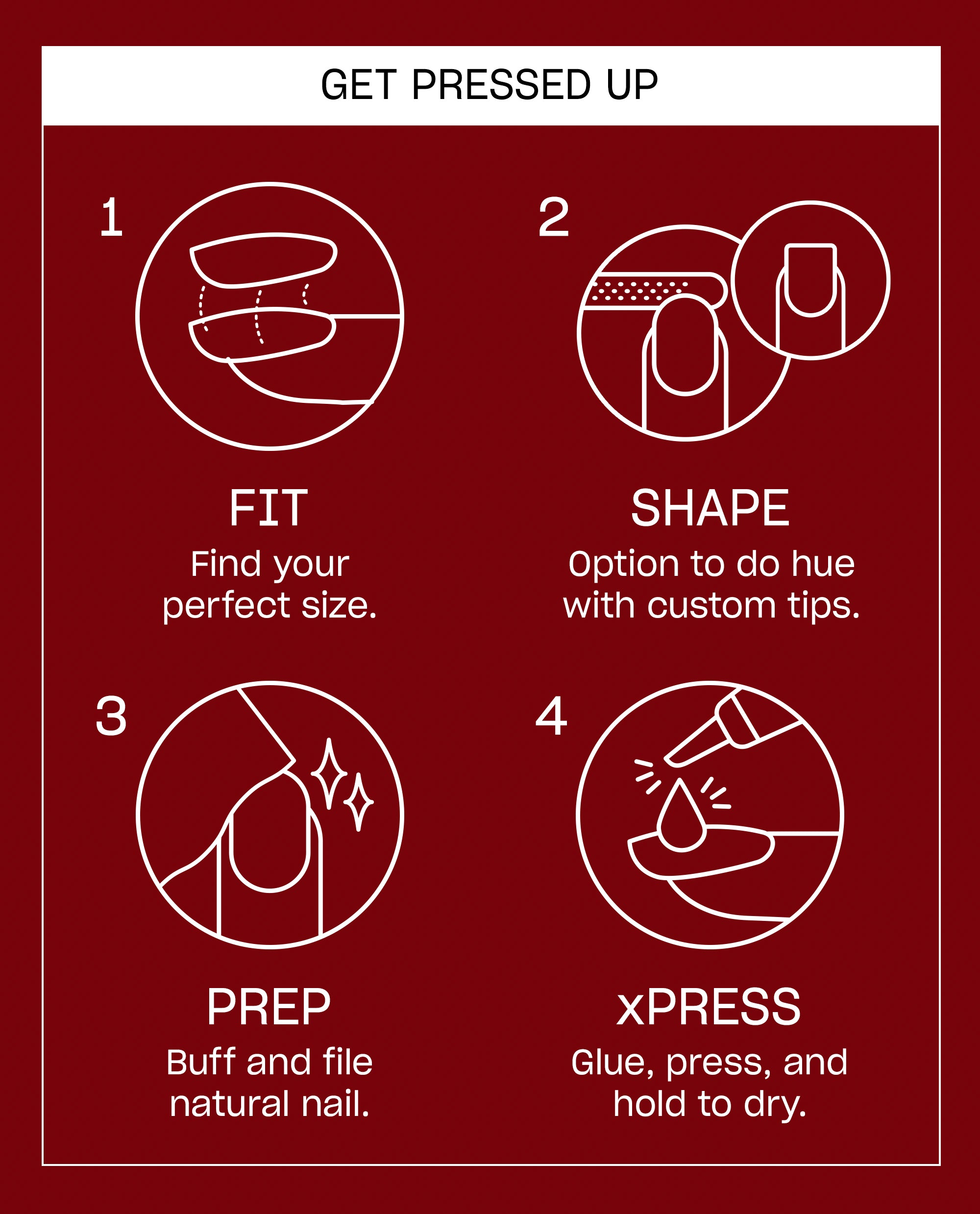 Big Apple Chrome On Point press-on nail instructions show four steps - fit, shape, prep, and xPRESS glue application - on a deep red OPI fall nail colors guide.