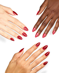 Hands model OPI Big Apple Chrome On Point almond nails, showing glossy red chrome fall nail colors on diverse skin tones against a clean white background.