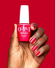 Big Apple Energy Shimmery Red Gel Nail Polish Hand and Product