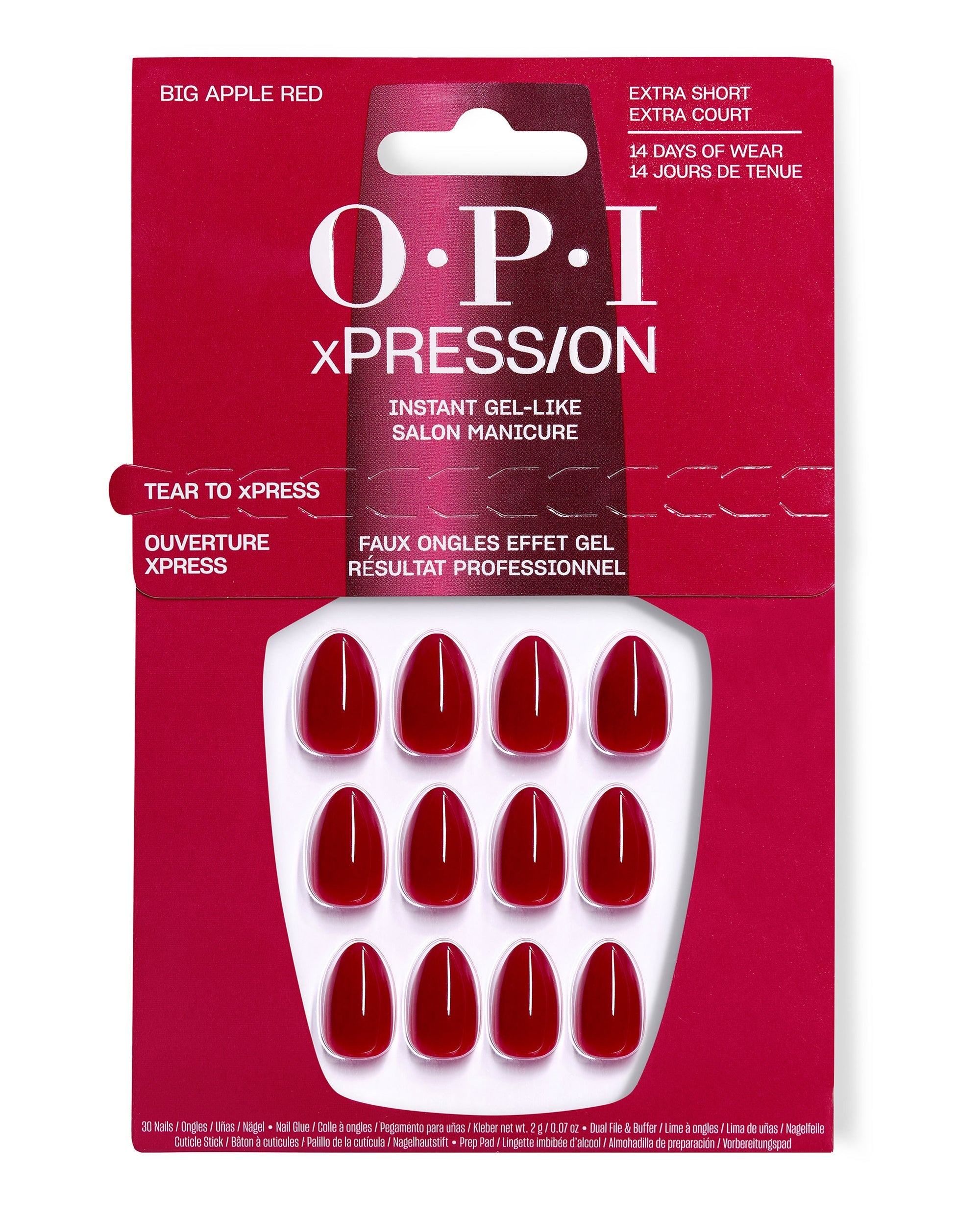OPI Big Apple Red xPRESS/ON extra short press-on nails displayed in red retail packaging, showing glossy gel-like red artificial nails for bold fall nail colors.