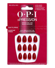 OPI Big Apple Red xPRESS/ON extra short press-on nails displayed in red retail packaging, showing glossy gel-like red artificial nails for bold fall nail colors.