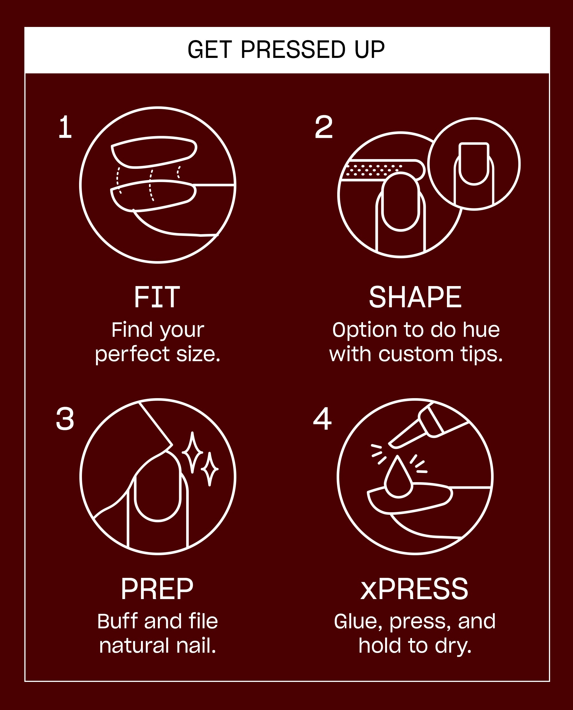 OPI Big Apple Red xPRESS/ON nail instructions show four steps - fit, shape, prep, and glue press-on nails - on a deep red background for easy at-home fall nail colors.