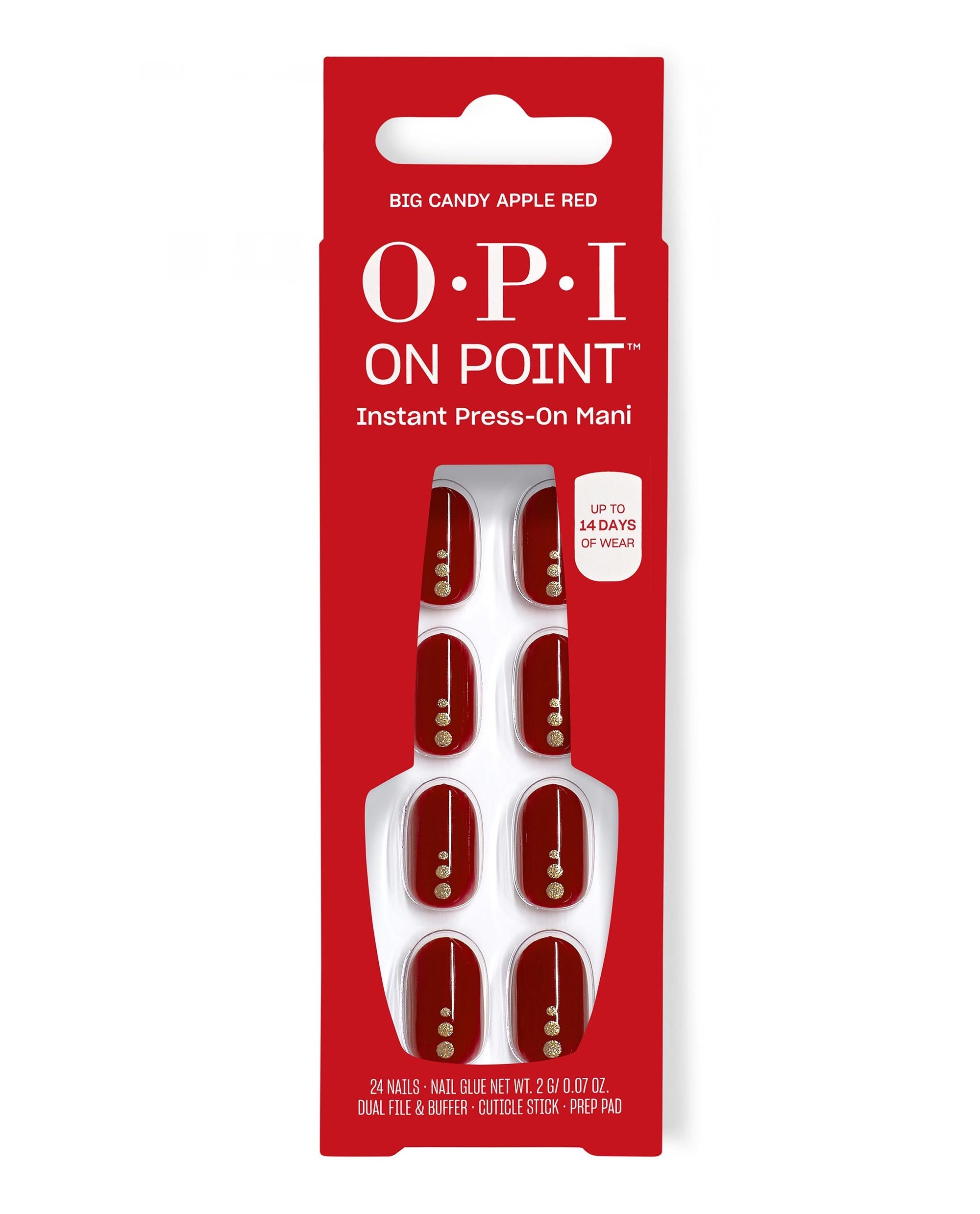 OPI On Point Big Candy Apple Red instant press-on nails display glossy deep red fall nail colors with gold dot accents in a red package promising up to 14 days of wear.