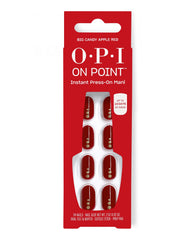 OPI On Point Big Candy Apple Red instant press-on nails display glossy deep red fall nail colors with gold dot accents in a red package promising up to 14 days of wear.